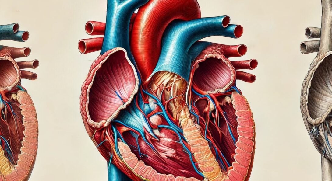 Anatomical cross-section of the heart, showing inner chambers, muscle layers, and valves.