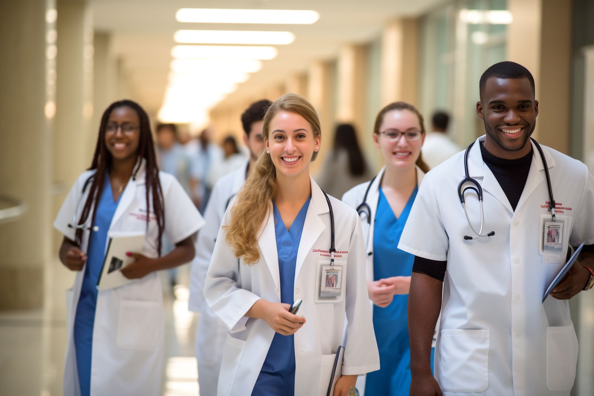 A group of doctors in white coats smile and walk down a hallway