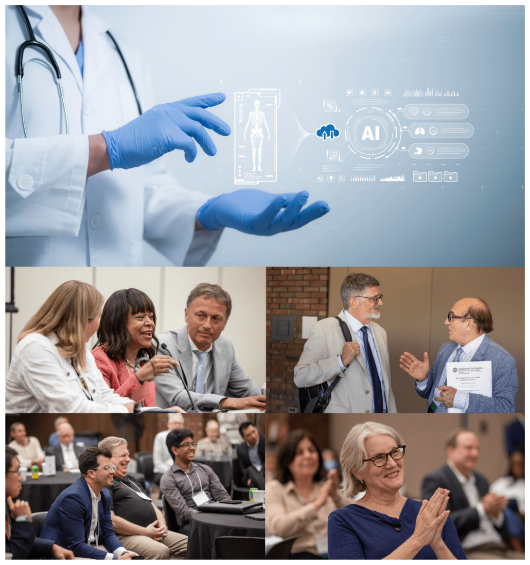 Stock graphic image of doctor displaying AI computer technology atop collage of HPE conference attendees