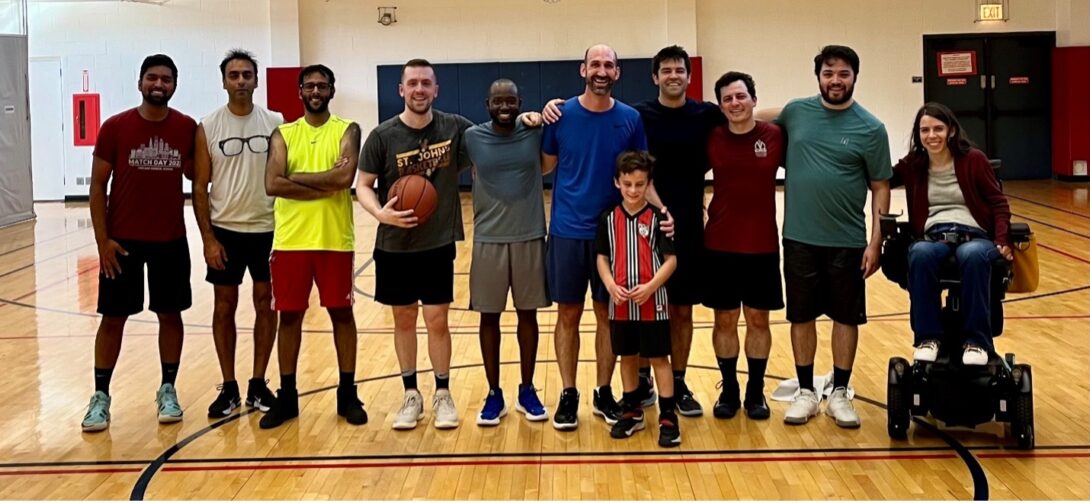 Residents in a basketball court