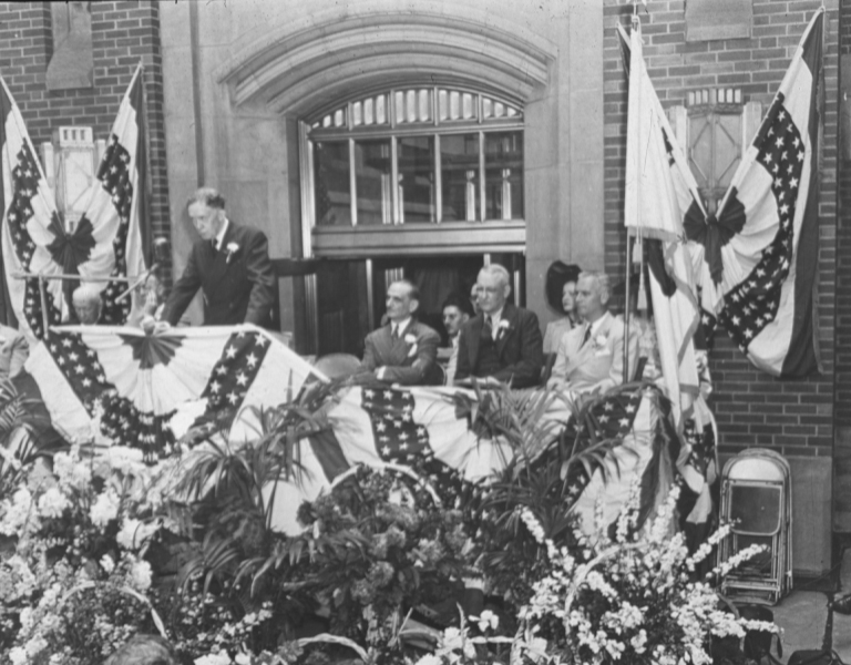 Black and white archival photo of the NPI Dedication
