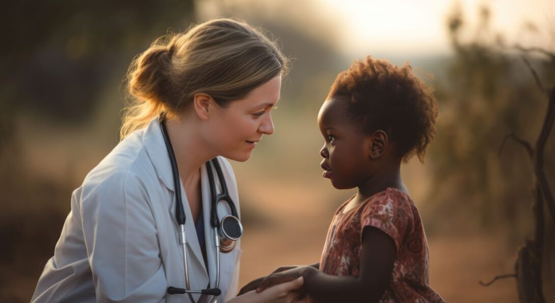 Female doctor stands next to an African child
