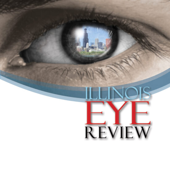 Illinois Eye Review Logo with a closeup view of an eye reflecting Chicago skyline.