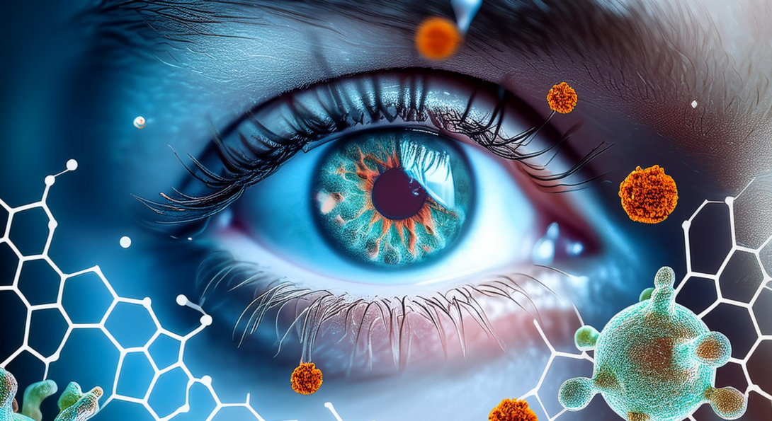 Human eye with medicine molecule background featuring pathogens and immune cells