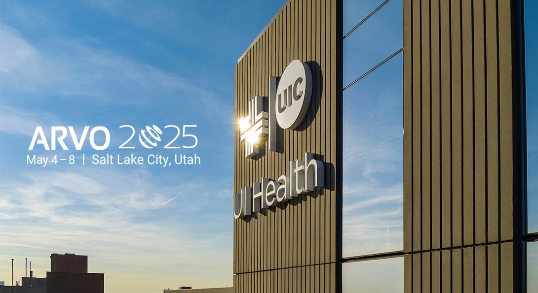 Close up of the corner of the UI Health Specialty Care Building with the ARVO logo to the left.