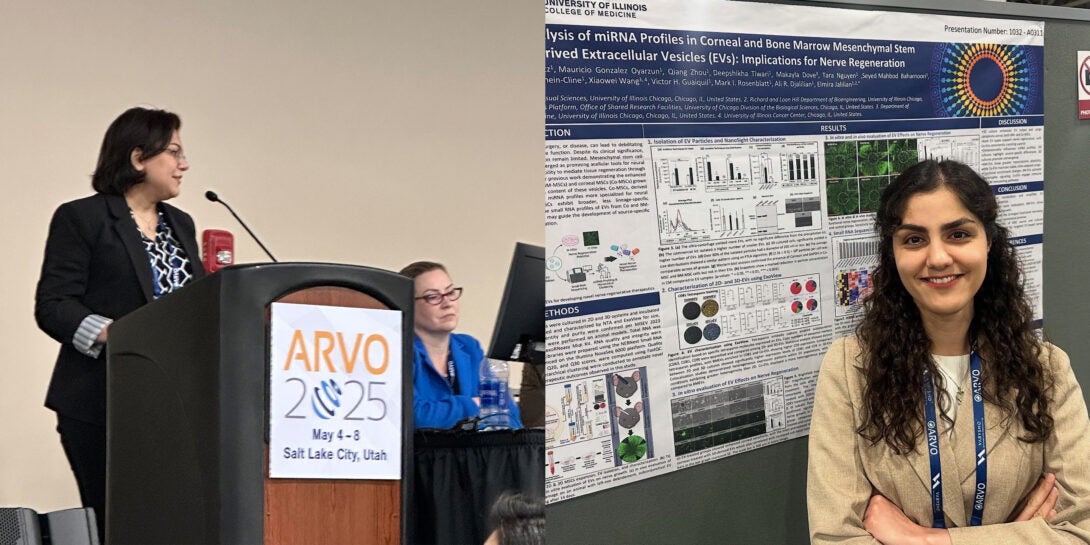 Dr. Jalilian delivering a talk at a podium; the Jalilian Lab poster