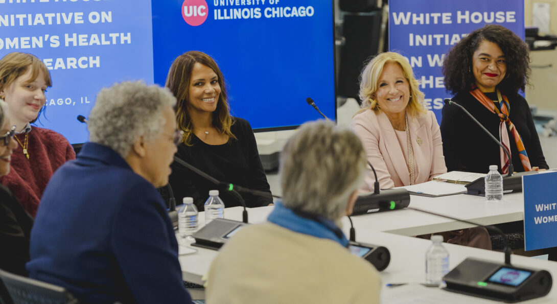First lady Jill Biden and actress Halle Berry participate in a roundtable on women's health at the University of Illinois Chicago Illinois Neuropsychiatric Institute. Photo by Martin Hernandez