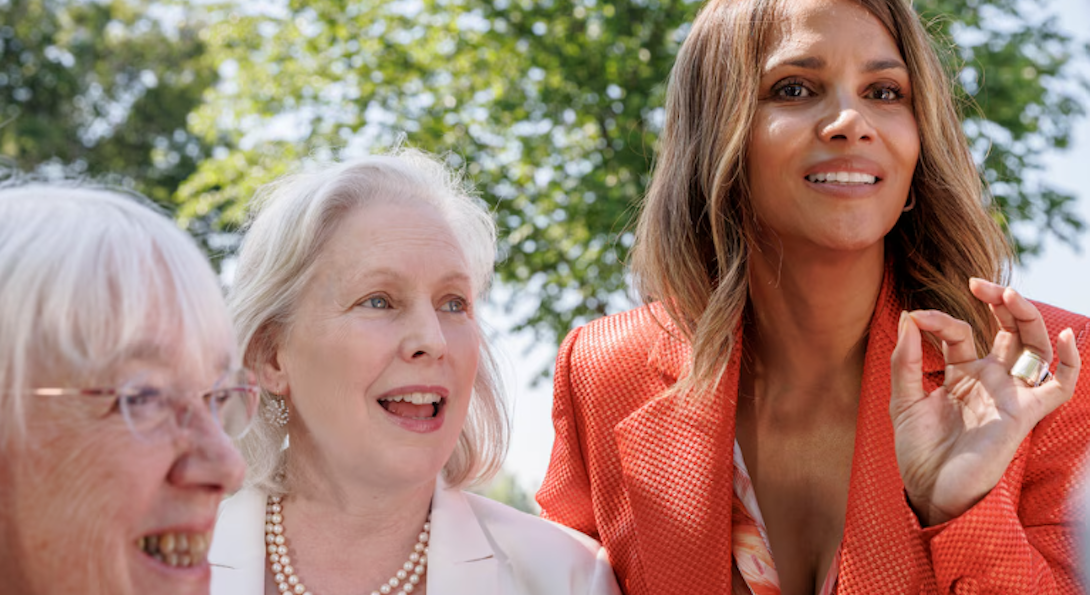 Actor Halle Berry, right, joins Sen. Patty Murray (D-Wash.), left, and Sen. Kirsten Gillibrand (D-N.Y.) at the U.S. Capitol as they introduce legislation Thursday to boost federal research on menopause. (Moriah Ratner for The Washington Post)