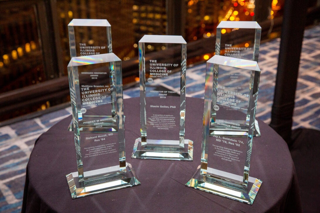 Group of awards on a table